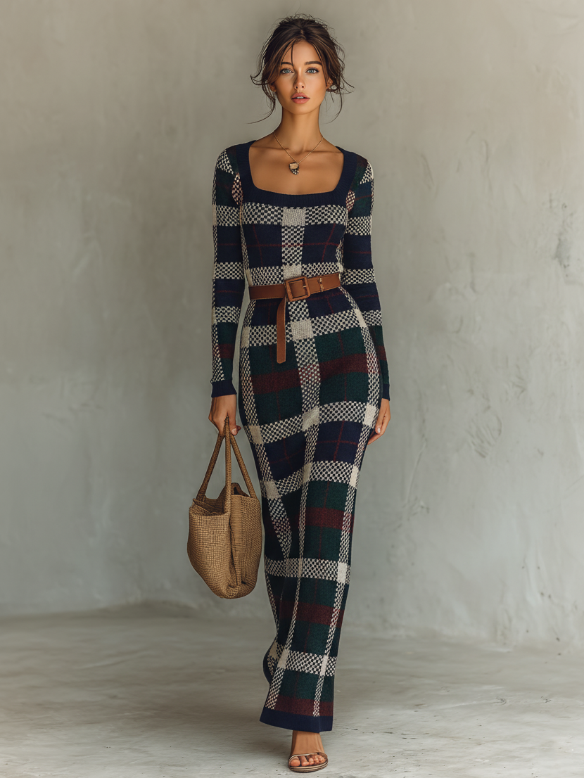 Women's Minimalist Check Knit Belted