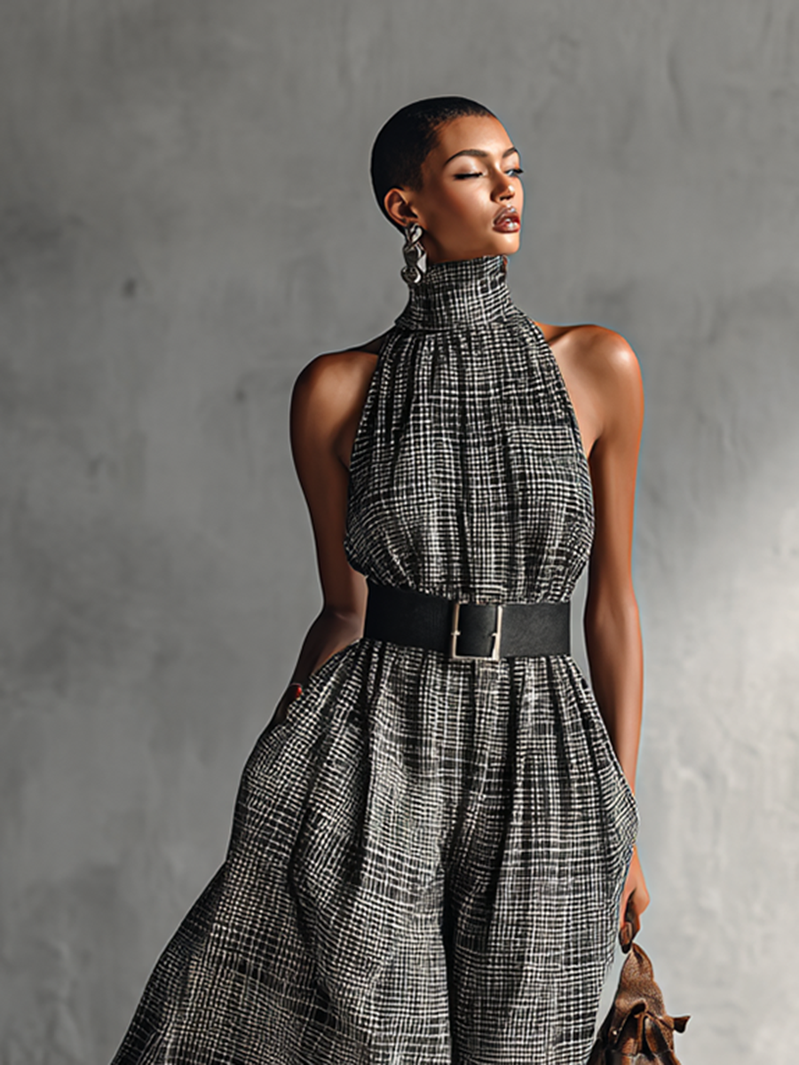 Women's Plaid High Collar Sleeveless