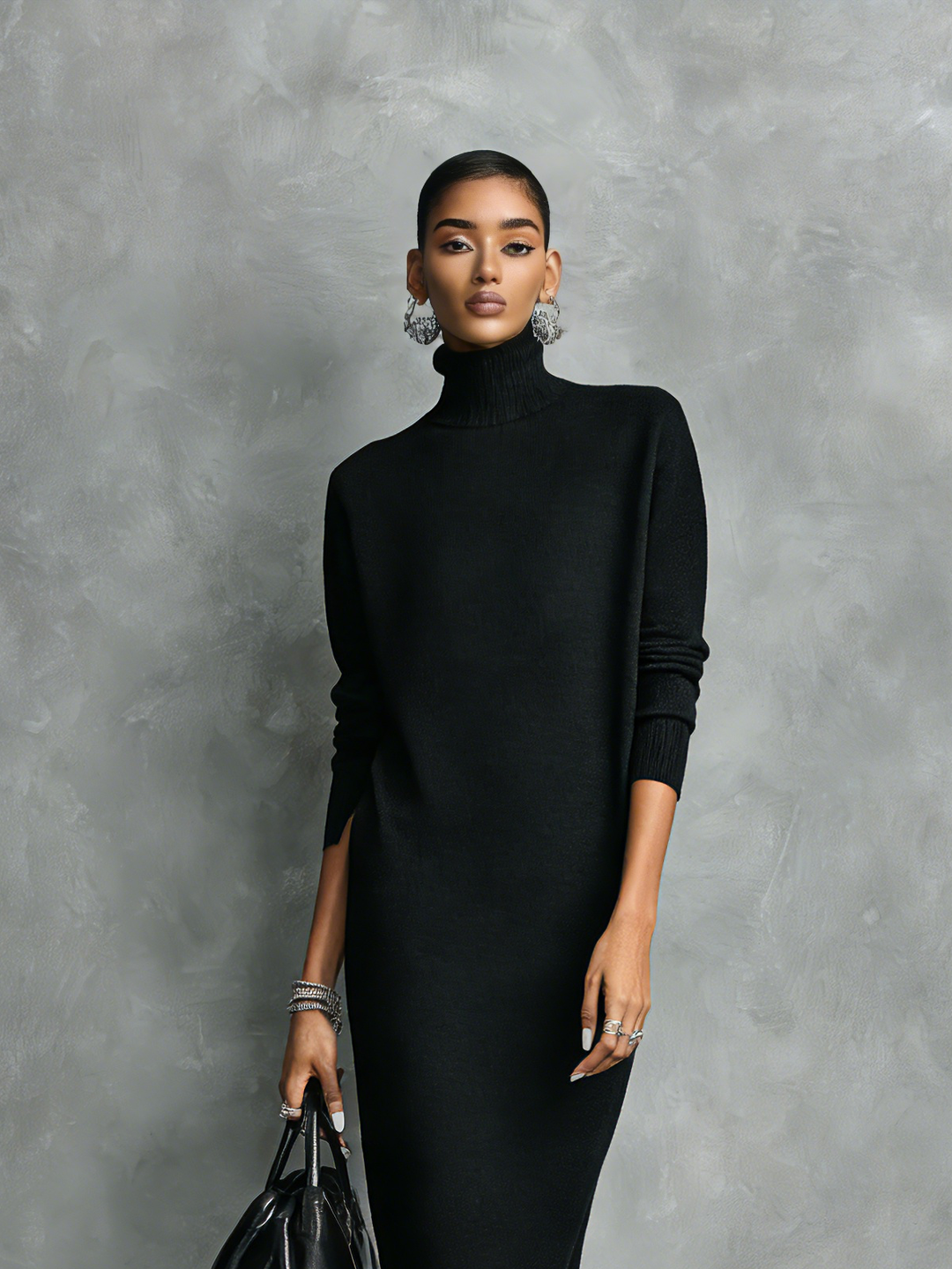 Women's Elegant Black Knitted Turtleneck
