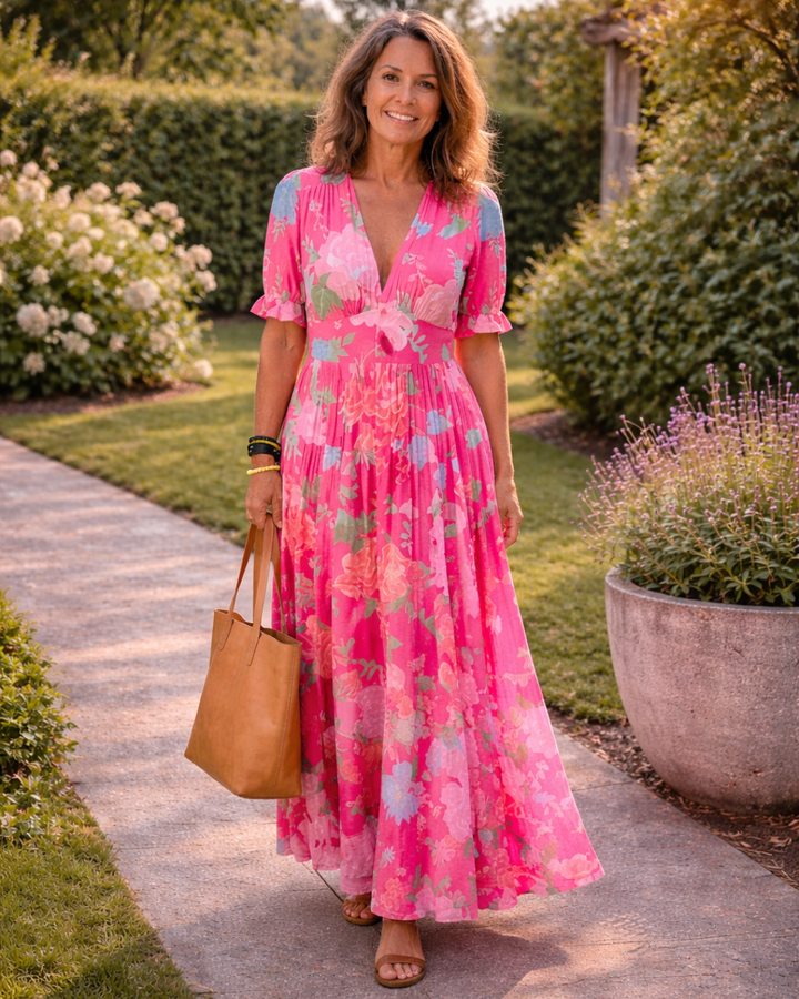 Ione – Short Sleeveless V-Neck Floral Midi Dress