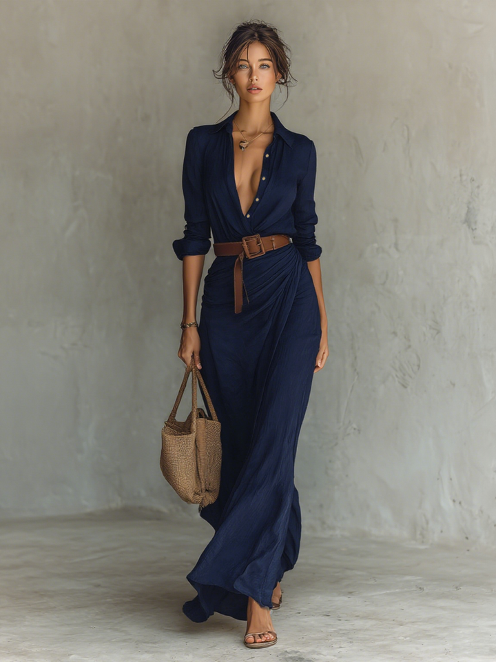 Ladies Lapel Single Breasted Long Sleeve Belted