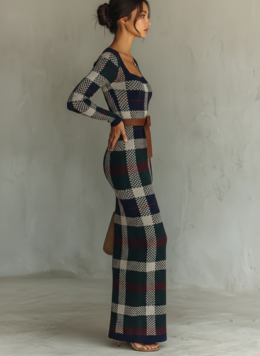 Women's Minimalist Check Knit Belted