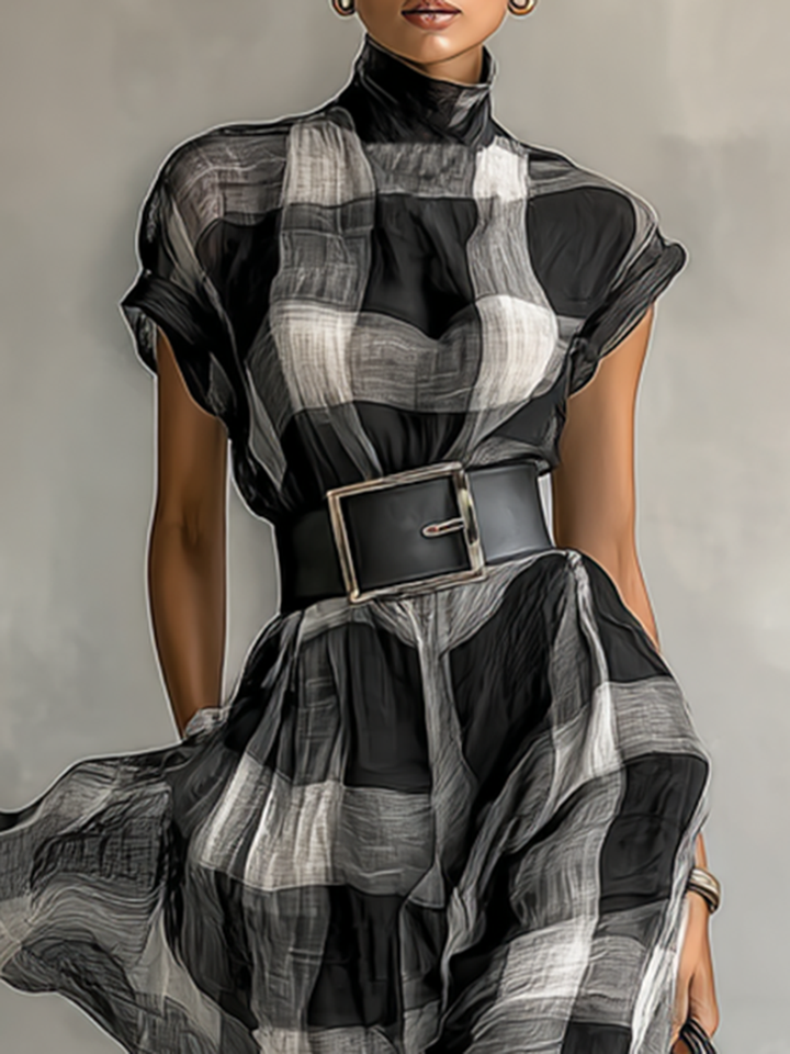 Women's Plaid Cotton Blend High Collar Short Sleeve Belt