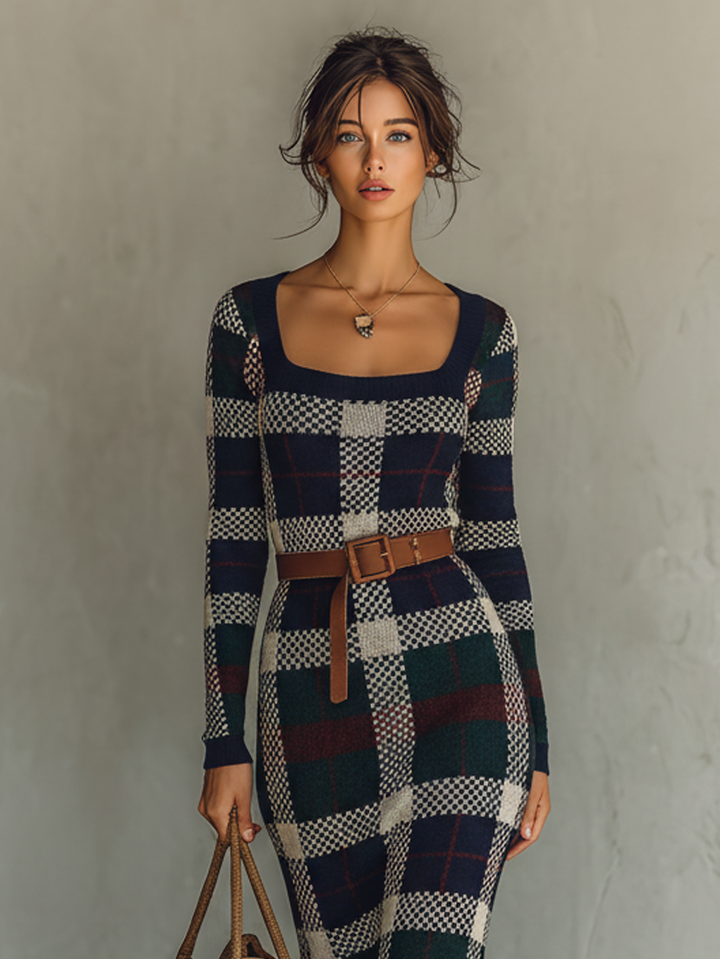 Women's Minimalist Check Knit Belted