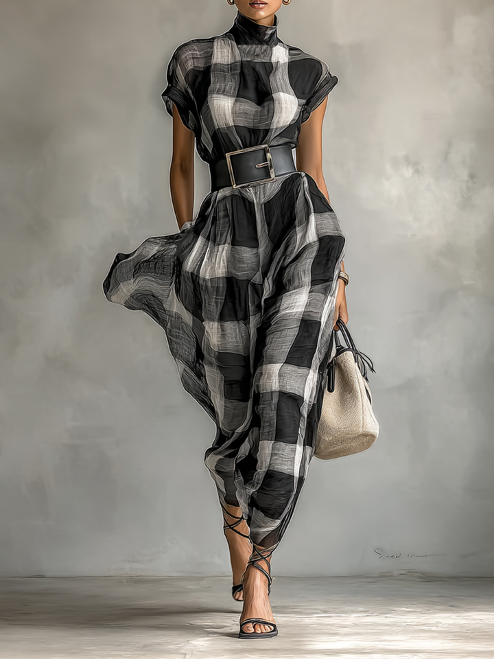 Women's Plaid Cotton Blend High Collar Short Sleeve Belt