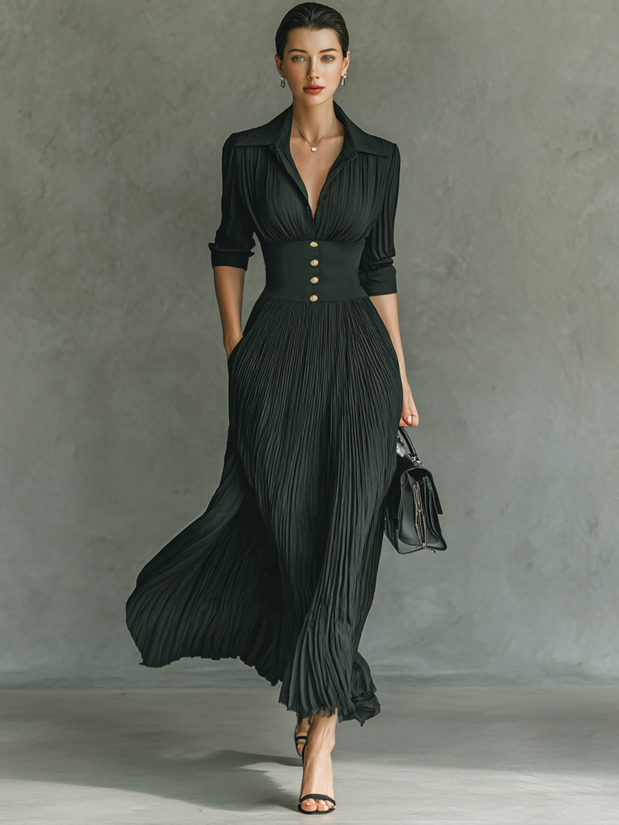 Women's Solid Color Pleated Lapel Waist