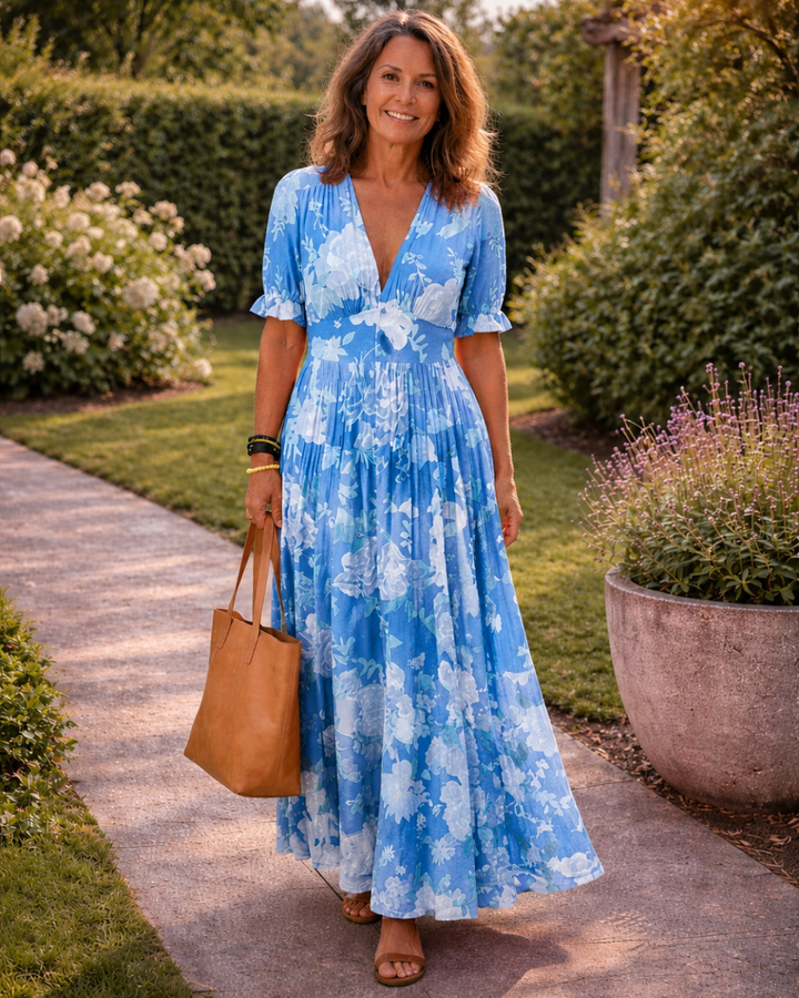 Ione – Short Sleeveless V-Neck Floral Midi Dress